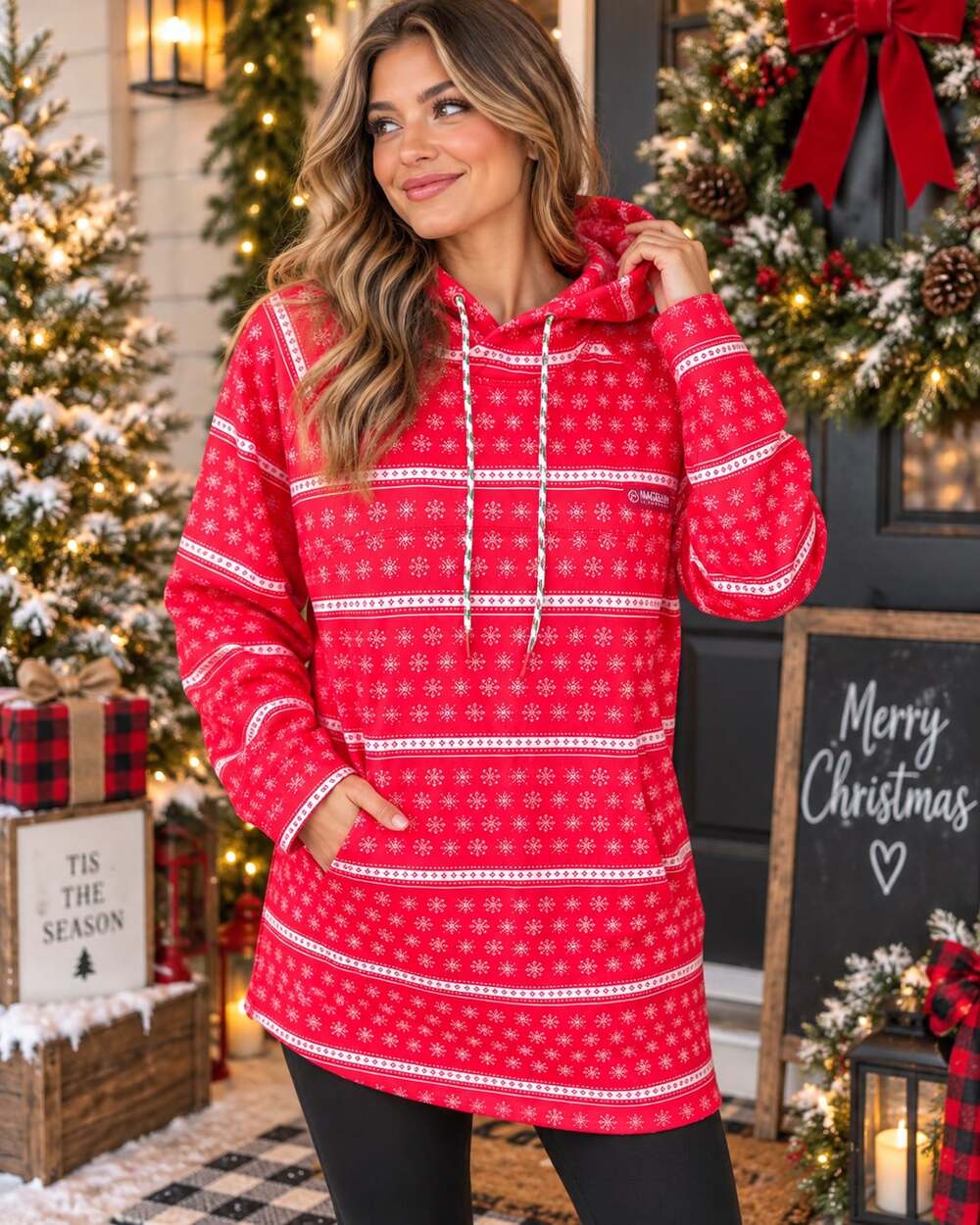 Magellan Outdoors Boyfriend Fit Red Snowflake Holiday Pullover Hoodie Size L